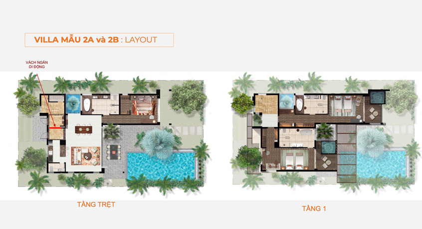 Mặt bằng điển hình villa mẫu 2A & 2B