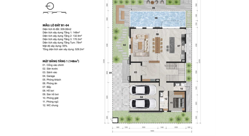 Mặt bằng Biệt thự đơn lập tầng 1
