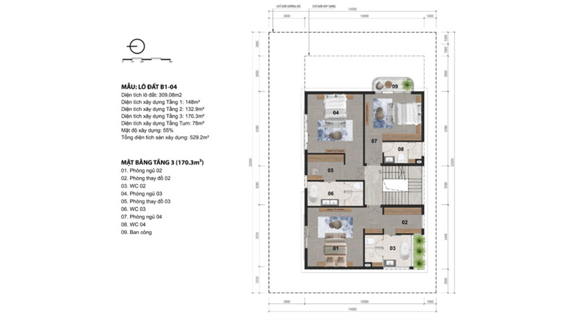 Mặt bằng Biệt thự đơn lập tầng 3